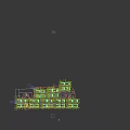 Indoor Parking Garage With Green And Yellow Pillars Ceiling Grid Floor Arrows And Parked Cars