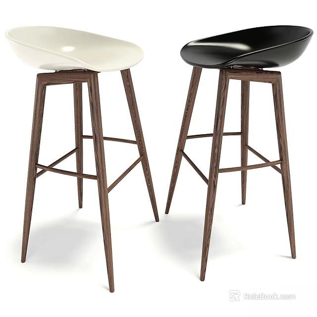 Modern Bar Stools With White And Black Seats Wooden Legs Cross Metal Frame 3d model 