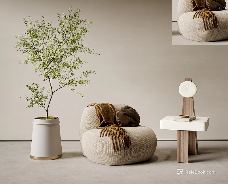 Knitted Single Sofa with Throw Blanket Pillow Potted Plant and Side Table 3d model