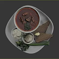 Borscht Soup With Meat Chunks In White Bowl Served With Sauce Bread Broccoli Green Onion