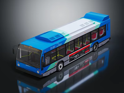 Blue and White City Bus With Green Accents Transparent Windows And Red Seats 3d model