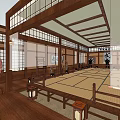 Traditional Cultural Center Interior With Wooden Structure Glass Windows And Long Tatami Area