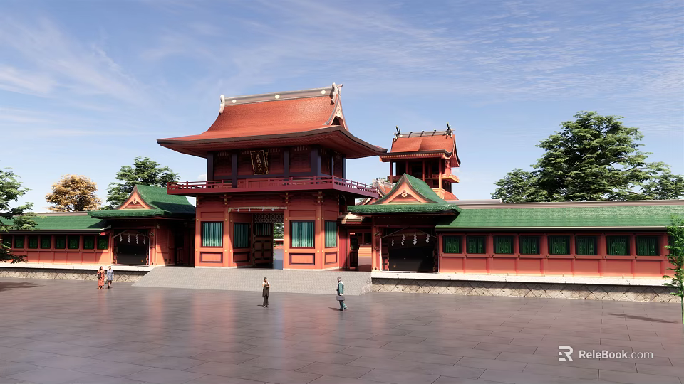Traditional Ancient Chinese Architecture With Red Roof Green Tiles And Wooden Courtyard Structure 3d model 
