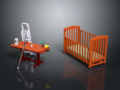 Kids Nursery Essentials With Wooden Crib High Chair And Playful Toys 3d model