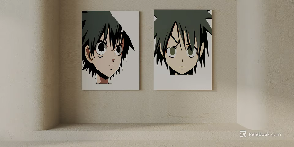 Two Anime Character Portraits With Different Facial Expressions On Wall 3d model 