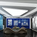 Modern Spacious Front Desk Reception Interior With Company Logo Large Screen And Lighting Design 3d model