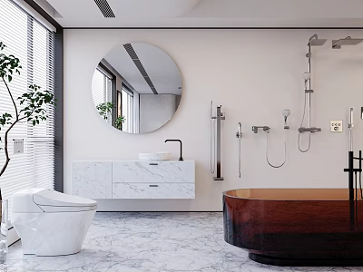 Modern Bathroom Interior With Circular Mirror White Marble Vanity Wooden Bathtub And Shower Fixtures 3d model