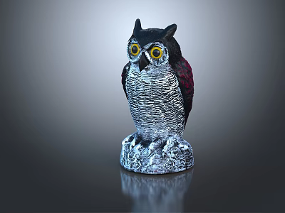 Decorative Owl Ornament Set With Black White Red Feathers Yellow Eyes And Stone Textured Base 3d model