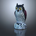 Decorative Owl Ornament Set With Black White Red Feathers Yellow Eyes And Stone Textured Base