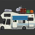 Detailed White RV Model Featuring Satellite Dish Luggage Green Orange Bags And Blue Awning