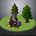 Cute Raccoon Sitting On Tree Stump With Pine Trees Backpack And Mushrooms