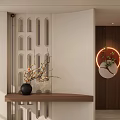 Modern Entryway Hallway With Arched Wall Perforated Partition Wooden Console Table And Circular Wall Lamp