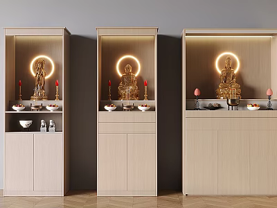 Traditional Wooden Shrines With Buddha Statues Halos Candles And Offerings 3d model