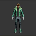 Game Movie Character With Blonde Short Hair Sunglasses Green Hooded Jacket And Blue Jeans