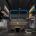 Hotpot Restaurant Modern Interior With Open Space Gray Walls Red Sculpture And Fireplace