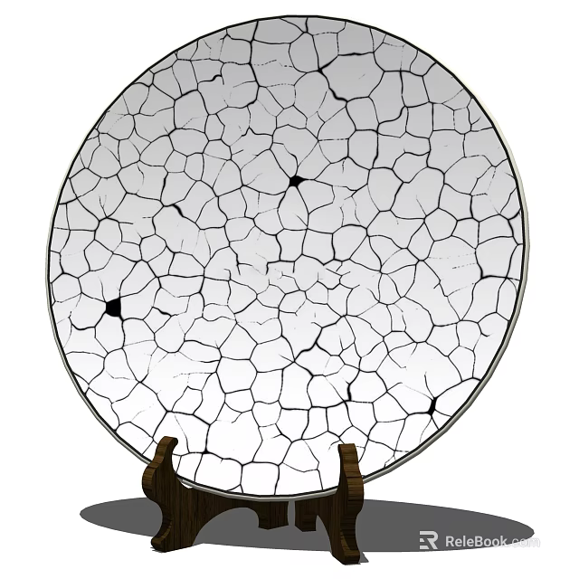 Unique Round Ceramic Vessel With Cracked Texture And Wooden Support Base 3d model 