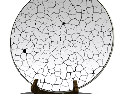 Unique Round Ceramic Vessel With Cracked Texture And Wooden Support Base 3d model