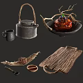 Traditional Braised Meatball Dish Served with Teapot on Wooden Tray and Decorative Branches