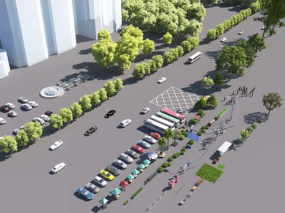 Municipal Road With Vehicles Trees Parking Area And Pedestrian Facilities 3d model