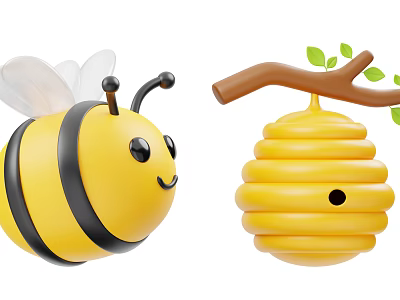 Smiling Small Flying Bee Near Honeycomb On Branch With Green Leaves 3d model