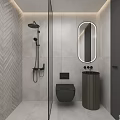Modern Bathroom Interior Design With Glass Shower Partition Round Backlit Mirror And White Tiled Walls