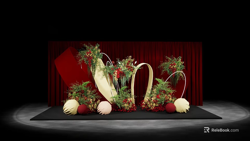 Elegant Banquet Hall With Red Curtain Background And Floral Arch Decorative Spheres 3d model 