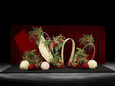Elegant Banquet Hall With Red Curtain Background And Floral Arch Decorative Spheres 3d model