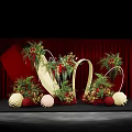 Elegant Banquet Hall With Red Curtain Background And Floral Arch Decorative Spheres