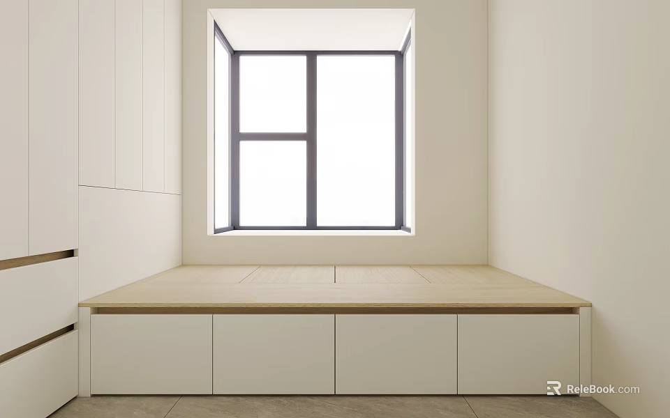 Modern Tatami Bedroom Interior Design With Wooden Platform White Storage Cabinets And Window 3d model 