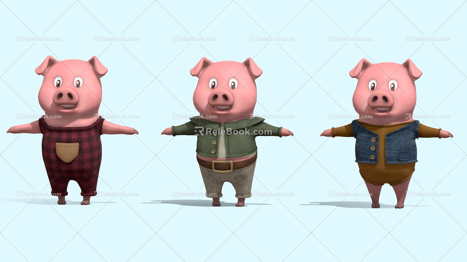 Cartoon pig T word line pig anime 3d model