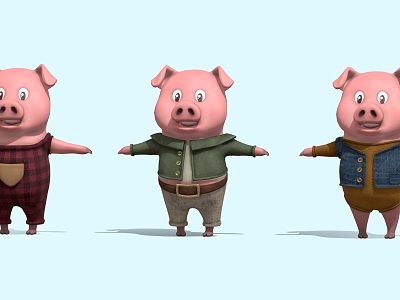 Cartoon pig T word line pig anime 3d model