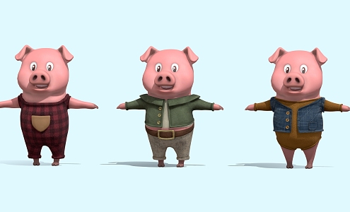 Cartoon pig T word line pig anime 3d model