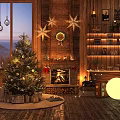 Christmas Live Stream With Cozy Wooden Interior Decorated Tree Fireplace And Stars