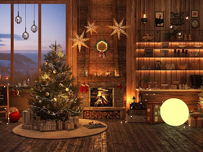 Christmas Live Stream With Cozy Wooden Interior Decorated Tree Fireplace And Stars 3d model
