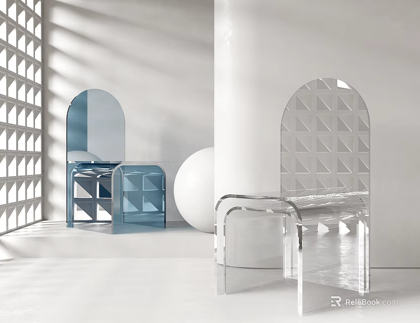 Modern Transparent and Blue Chair in White Interior with Arched Decor Geometric Windows White Sphere 3d model 