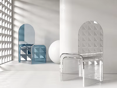 Modern Transparent and Blue Chair in White Interior with Arched Decor Geometric Windows White Sphere 3d model