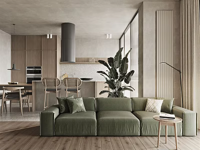Modern Apartment Interior With Green Sofa Open Kitchen Wooden Floors And Indoor Plant 3d model