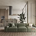 Modern Apartment Interior With Green Sofa Open Kitchen Wooden Floors And Indoor Plant