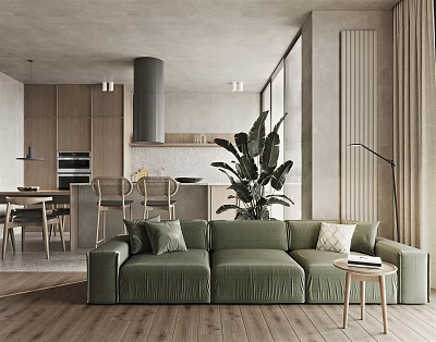Modern Apartment Interior With Green Sofa Open Kitchen Wooden Floors And Indoor Plant 3d model