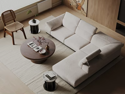 Light-colored L-shaped Sofa and Round Coffee Table Set With Wooden Floor and Decorative Painting 3d model
