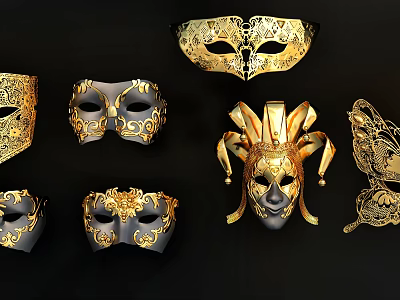 Elegant Gold Black Jewelry With Intricate Venetian Mask Design Patterns 3d model