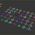 Colorful Transparent Fish Shaped Decorations in Blue and Purple Scattered on Black Background