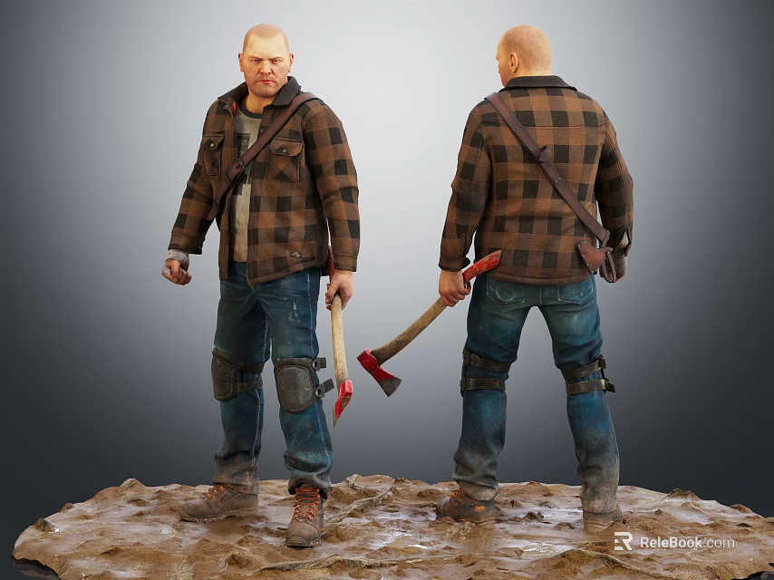 Man In Plaid Shirt And Jeans Standing With Axe On Muddy Ground Front Back View 3d model 