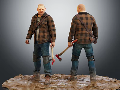 Man In Plaid Shirt And Jeans Standing With Axe On Muddy Ground Front Back View 3d model