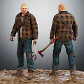 Man In Plaid Shirt And Jeans Standing With Axe On Muddy Ground Front Back View 3d model
