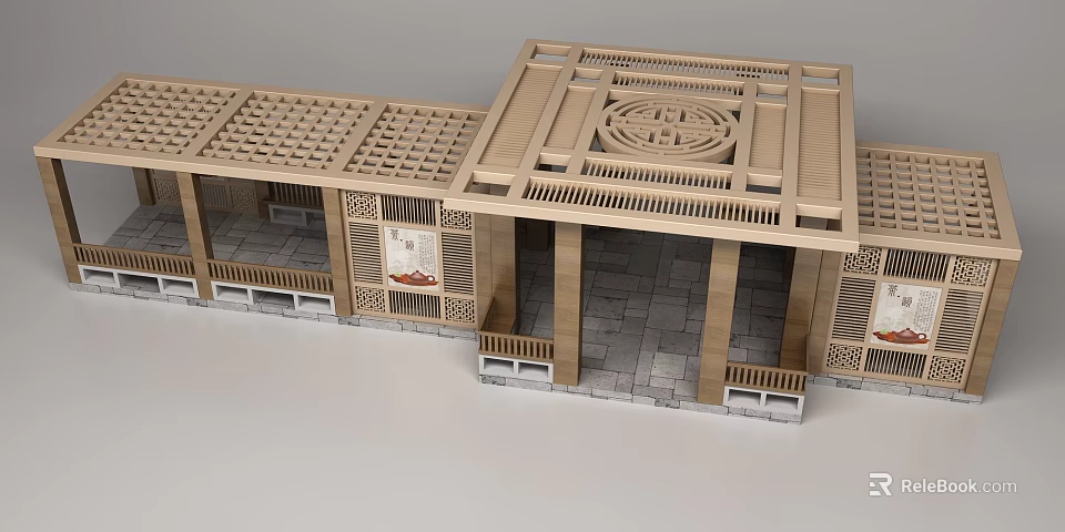 Traditional Chinese Wooden Pergola with Openwork Ceiling Circular Ornament and Stone Paved Floor 3d model 