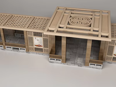 Traditional Chinese Wooden Pergola with Openwork Ceiling Circular Ornament and Stone Paved Floor 3d model