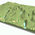 Scenic Green Mountain Landscape With Contour Lines And Blue Water Bodies