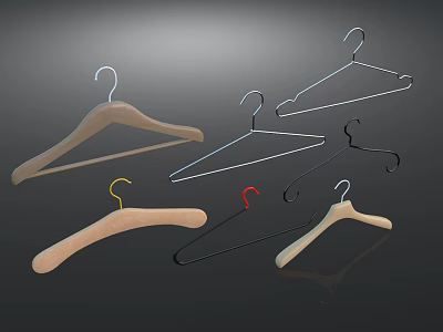 Wooden and Metal Hangers with Colored Hooks in Different Styles on Dark Background 3d model