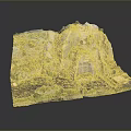 Scenic 3D Rock Formation With Green Vegetation Layered Rocks And Water Area